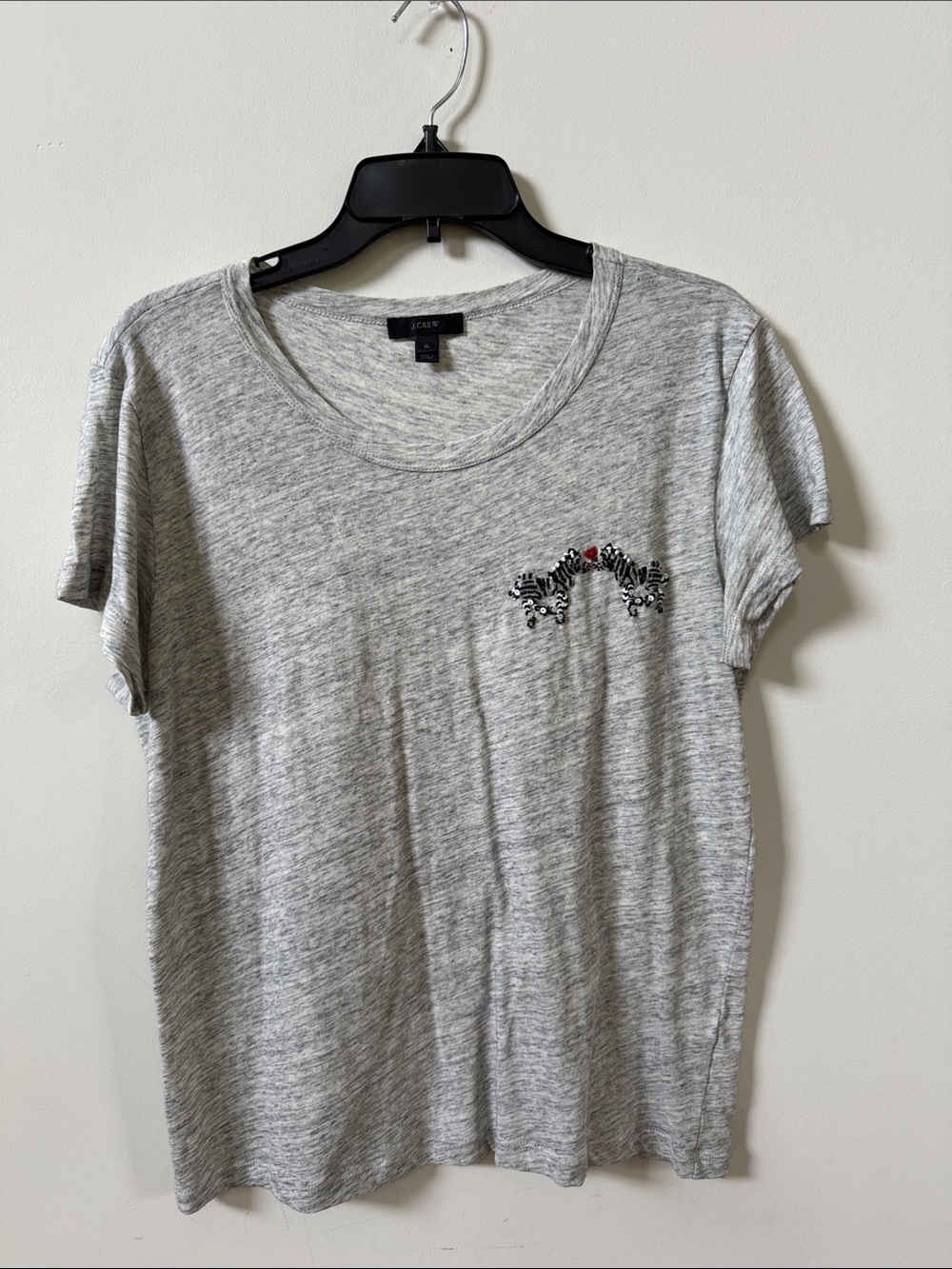 J. Crew Heather Gray Tee with Zebra Embroidery and Red Heart